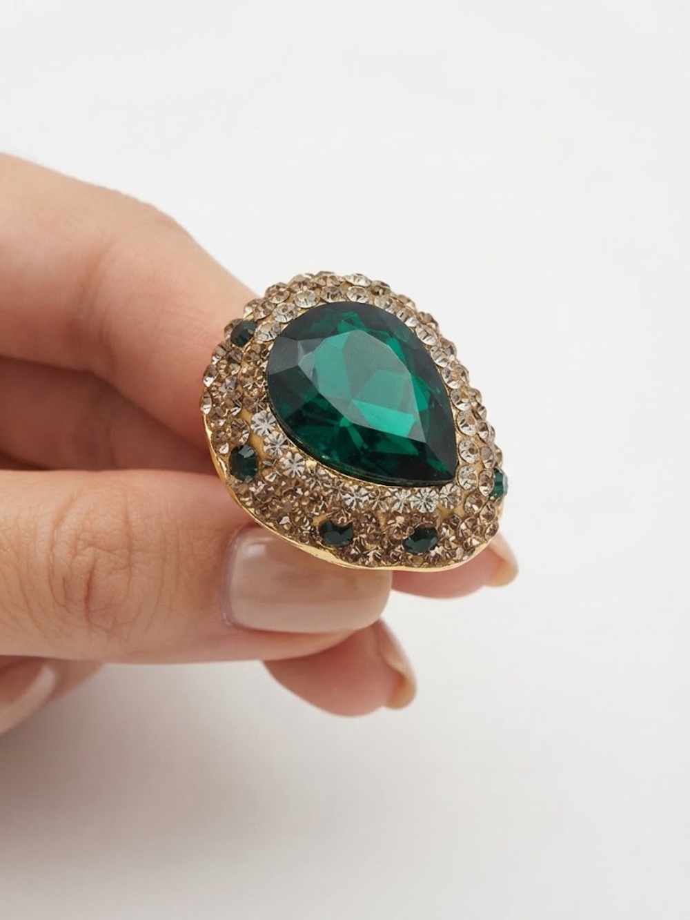Emerald Green Crystal Pear Statement Ring with Rhinestone Pavé